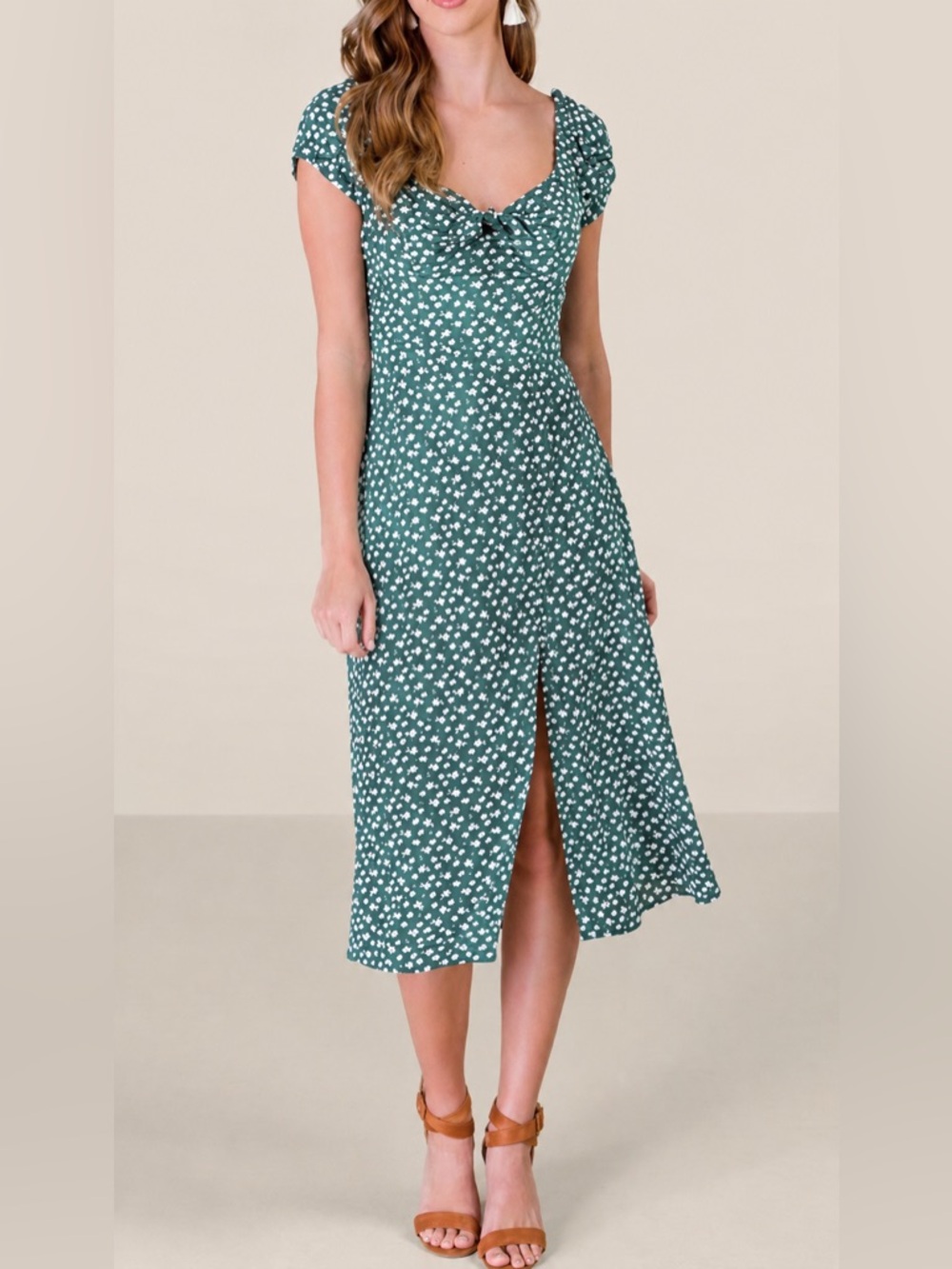 Miami Green White Floral Off Shoulder Midi Dress with Side Slit XS New With Tags